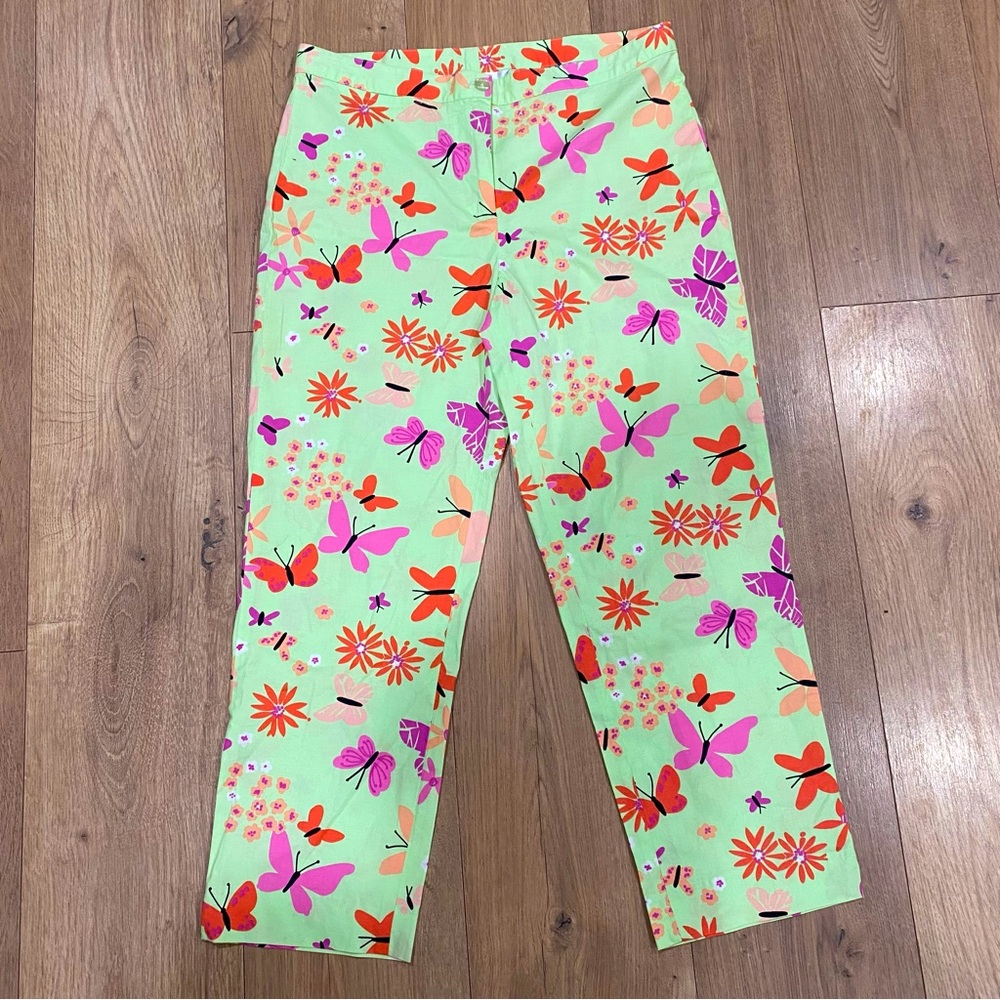Vintage Lily Pulitzer Green Pink Lavender Butterfly Print Capri Pants